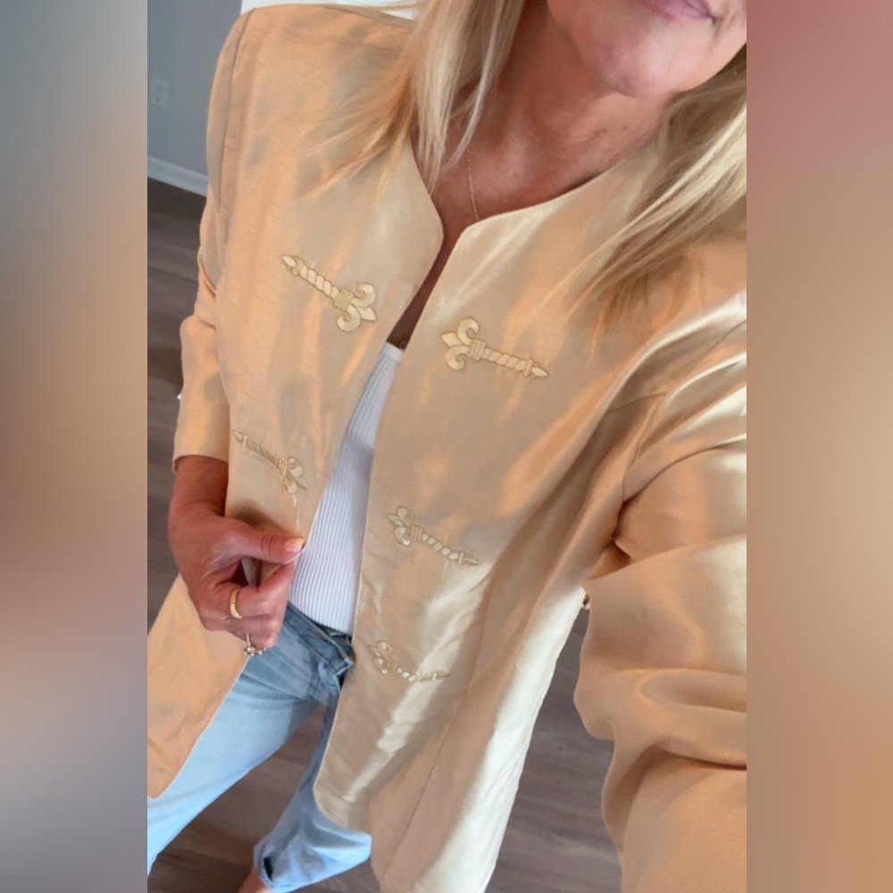 Womens Cream Embroidered Mandarin Collar Blazer